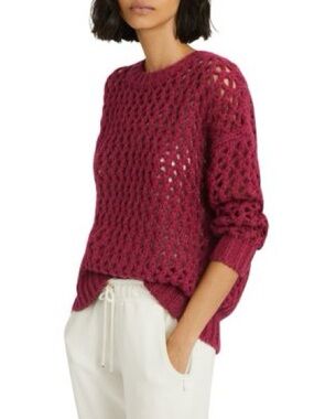 Reiss Natalie Open Stitch Crewneck Sweater in Deep Wine